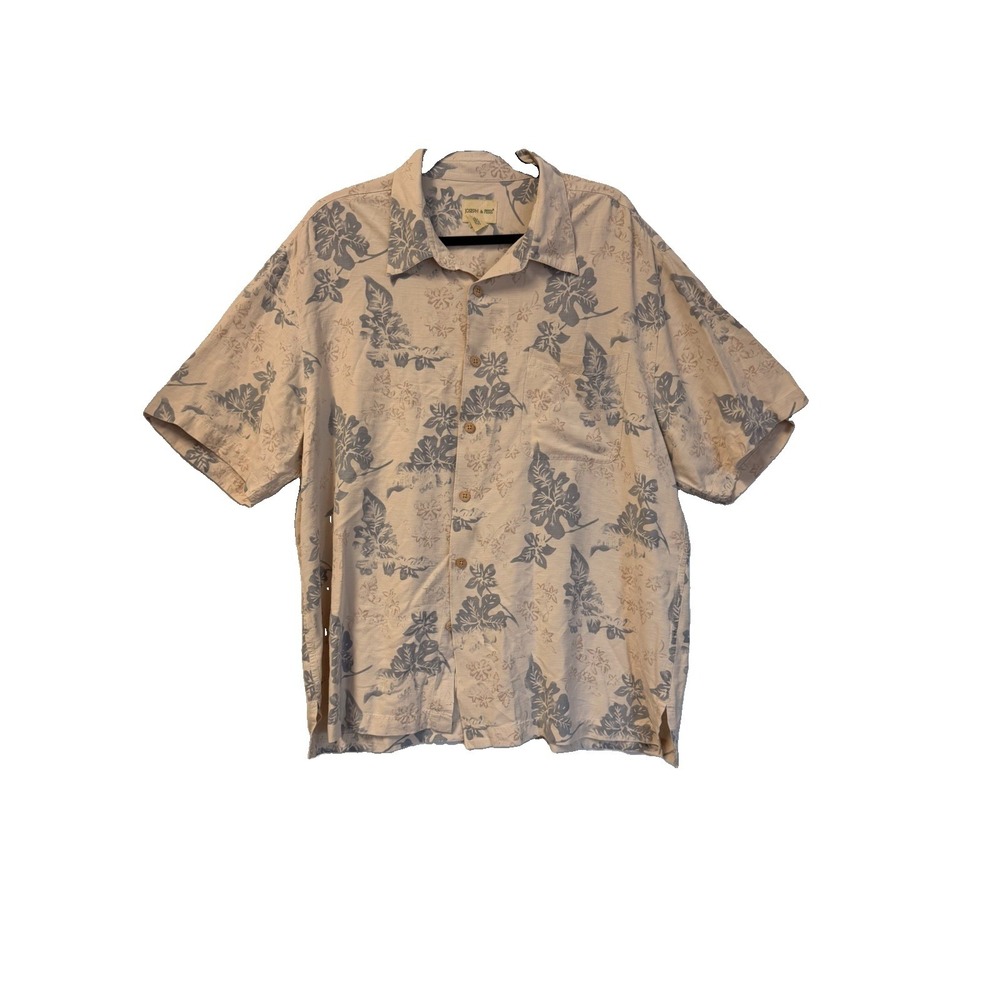 Joseph & Feiss Silk Hawaiian Shirt Mens XXL Cream Tan Floral Aloha Button Front